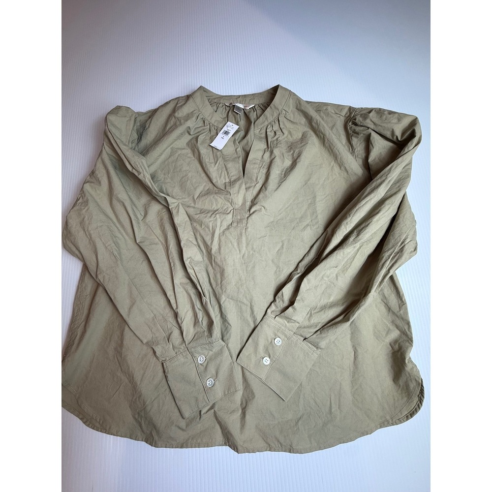 Banana Republic Womens Tall S Olive Green Cotton Puff Sleeve Split Neck Top NEW